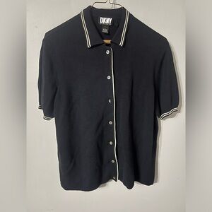 VINTAGE DKNY Donna Karen New York Black Striple Trim Wool Blend Polo Sweater 90s